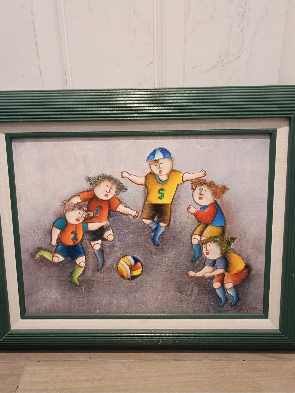 Joyce Roybal Vintage Signed Orig Oil Painting Art Artwork Kids/Soccer Wood Frame